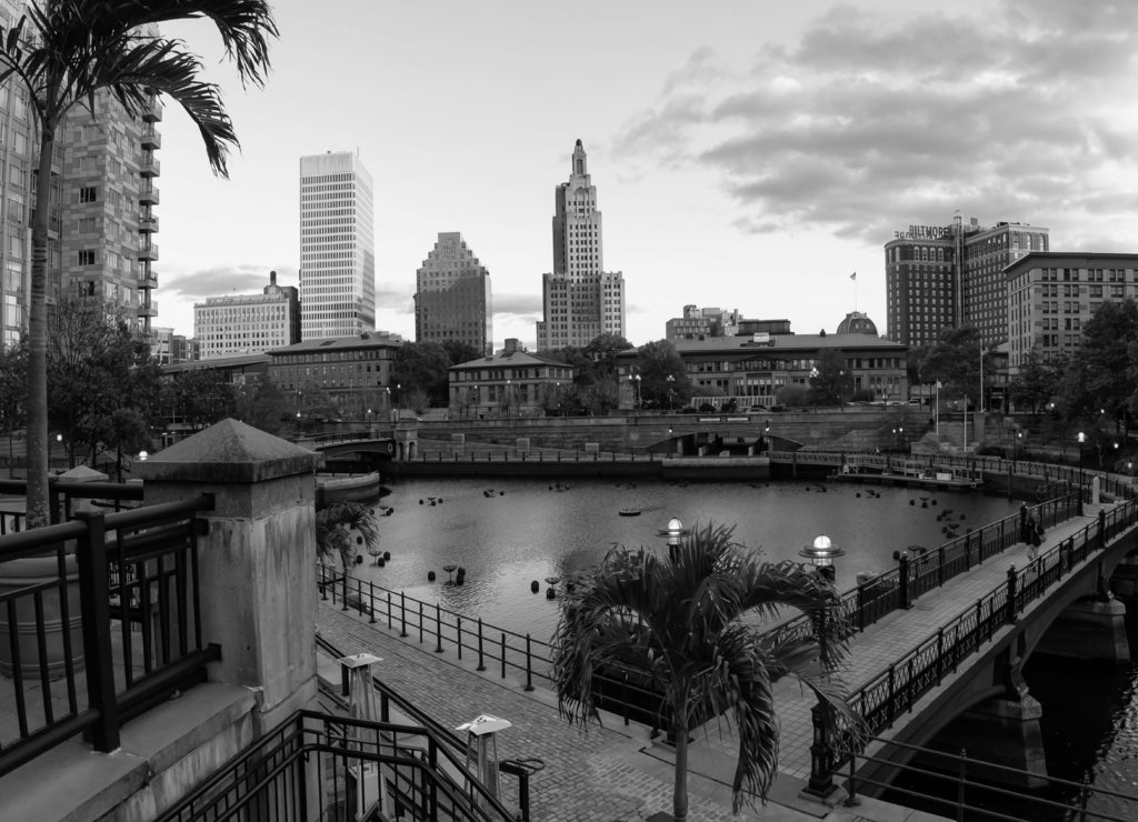 Downtown Providence, Rhode Island, United States: Panoramic view of a modern cityscape during a vibrant sunset in black white