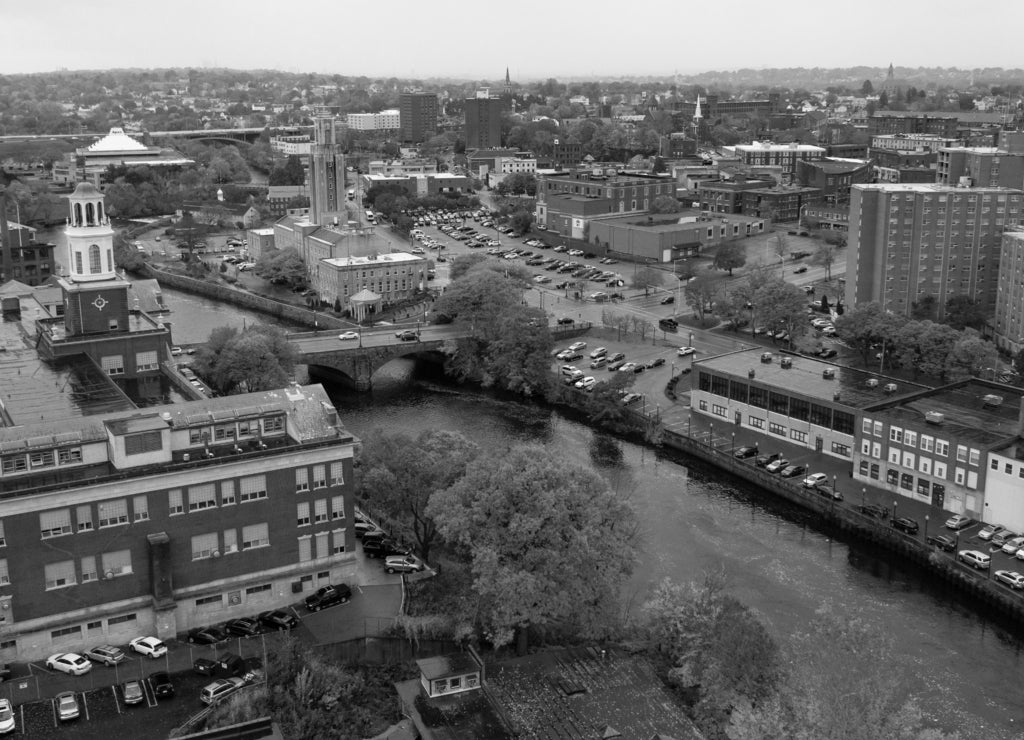 Overcast Skies over the Seekonk River Splitting Pawtucket Rhode Island in black white