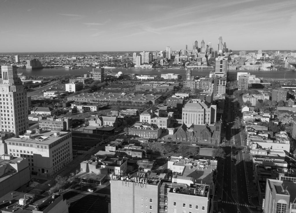 Aerial View Over Camden New Jersey Downtown Philadelphia Visable in black white