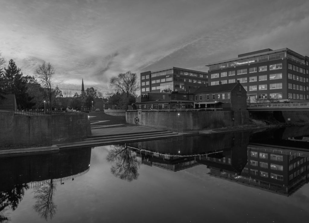 Sunset over Codorus Creek in downtown York, Pennsylvania in black white