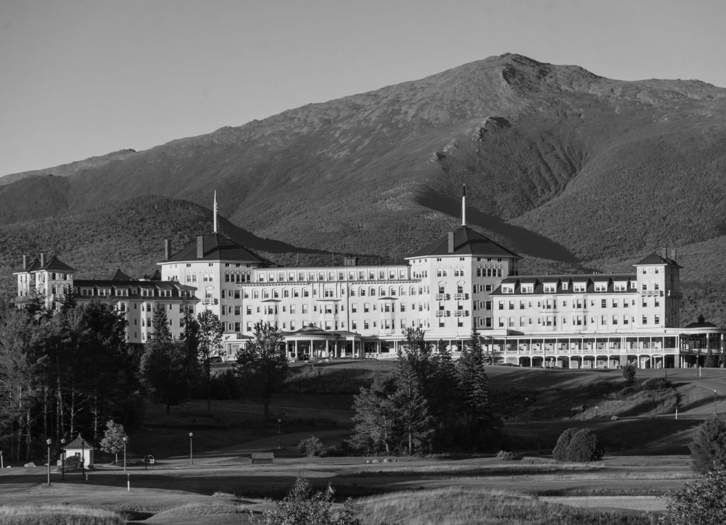 View of the Mount Washington Hotel, in the White Mountains of New Hampshire in black white