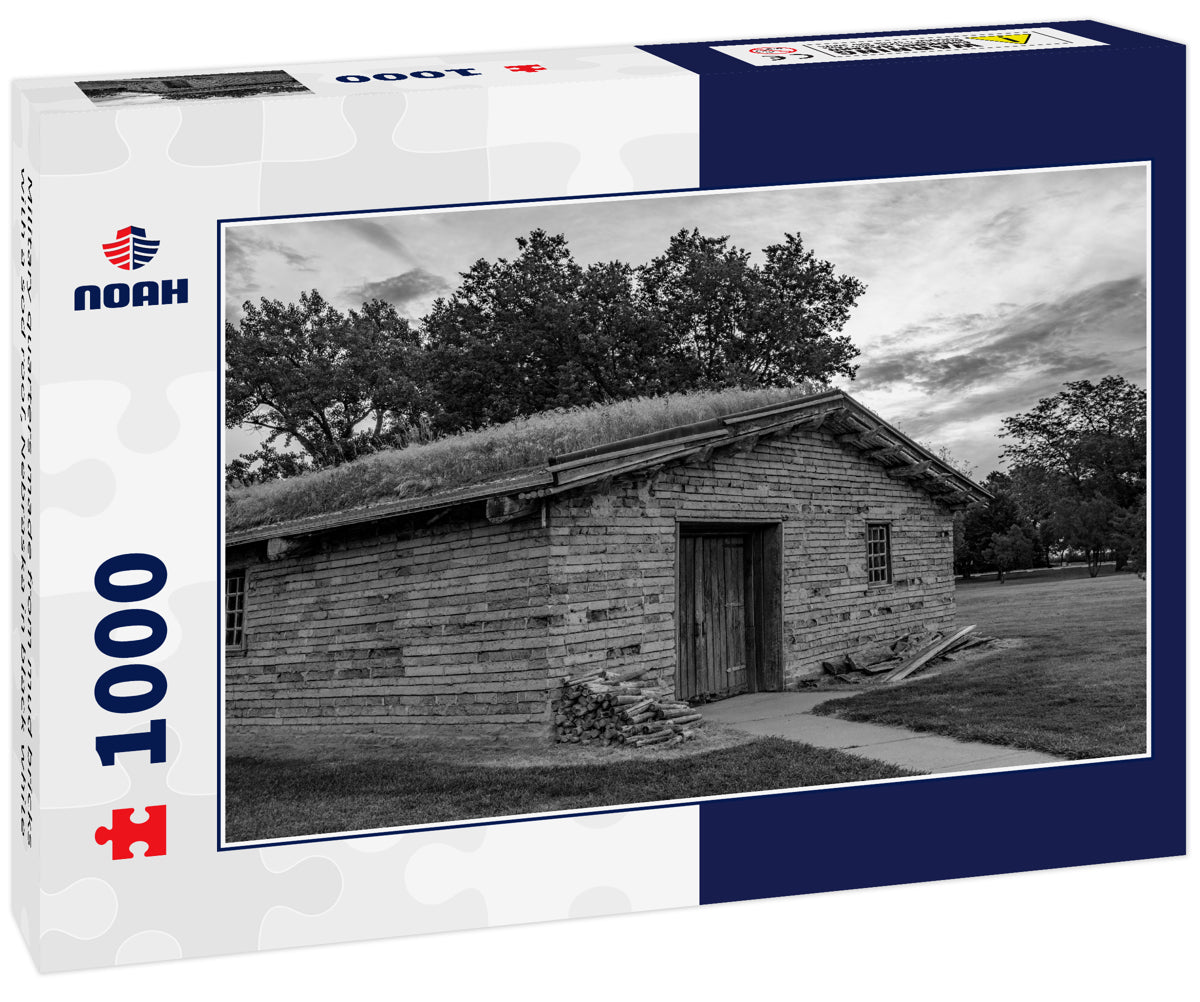 Military quarters made from mud bricks with a sod roof, Nebraska in black white