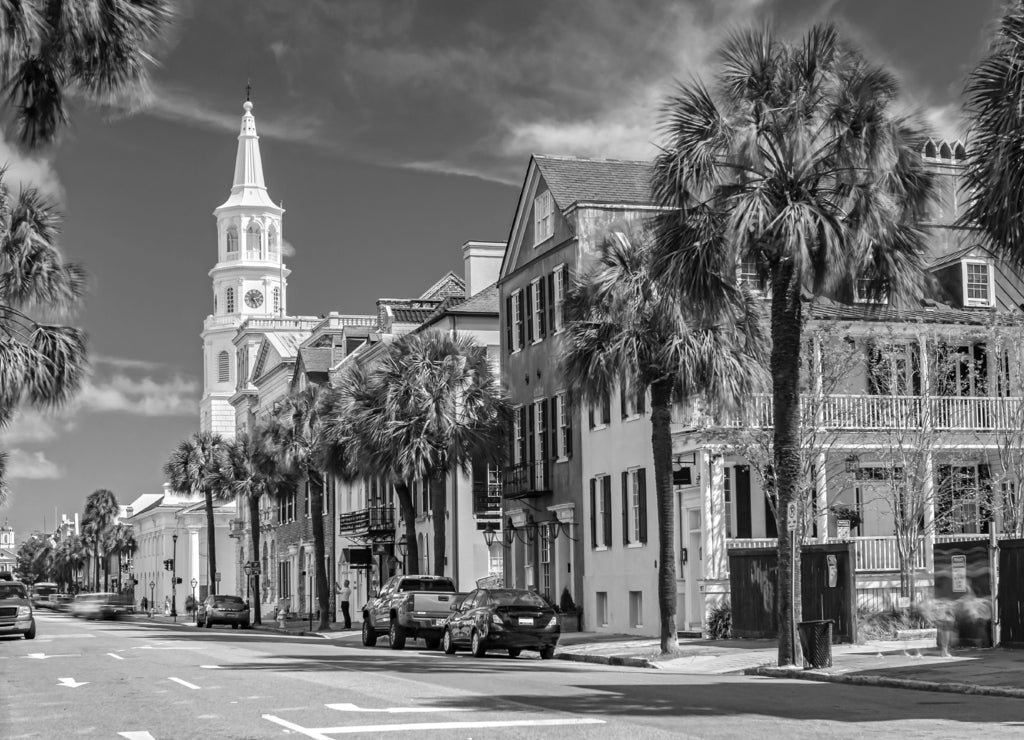 St. Michaels Church and Broad St. in Charleston, South Carolina in black white