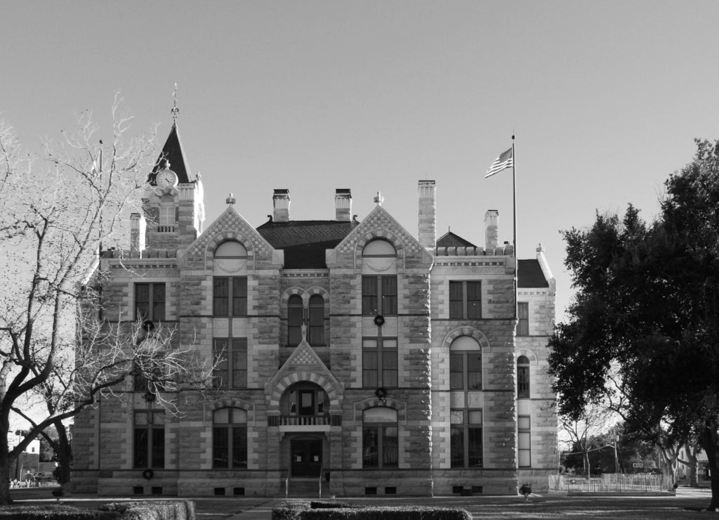 Fayette County Texas Romanesque Revival courthouse. Completed in 1891. - LaGrange, Texas in black white