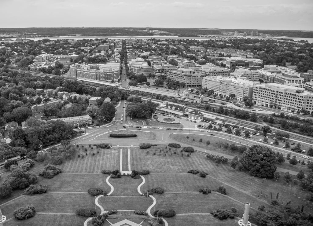 Overlook of old town Alexandria Virginia King Street from the Masonic Temple in black white