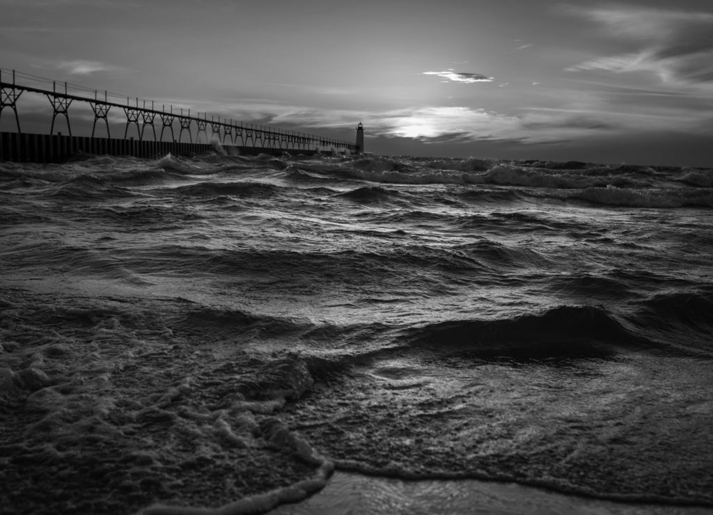 Manistee Michigan Beach Pier in black white