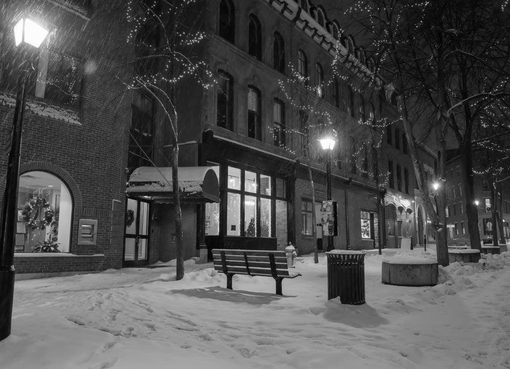 The streets of the night winter city during a snowfall. Portland. USA. Maine in black white