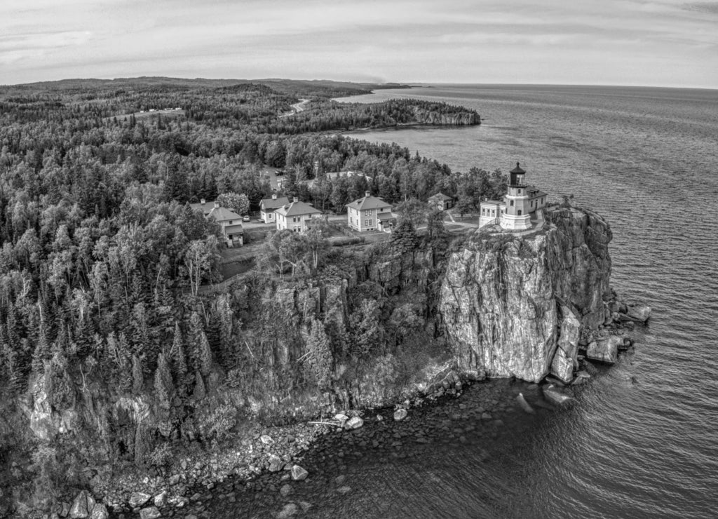 Splitrock Lighthouse State Park, North Shore of Lake Superior in Minnesota in black white