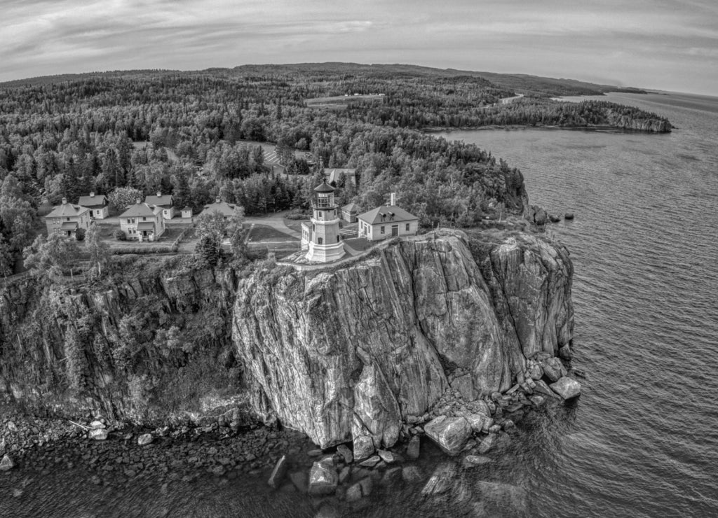 Splitrock Lighthouse State Park is located on the North Shore of Lake Superior in Minnesota in black white