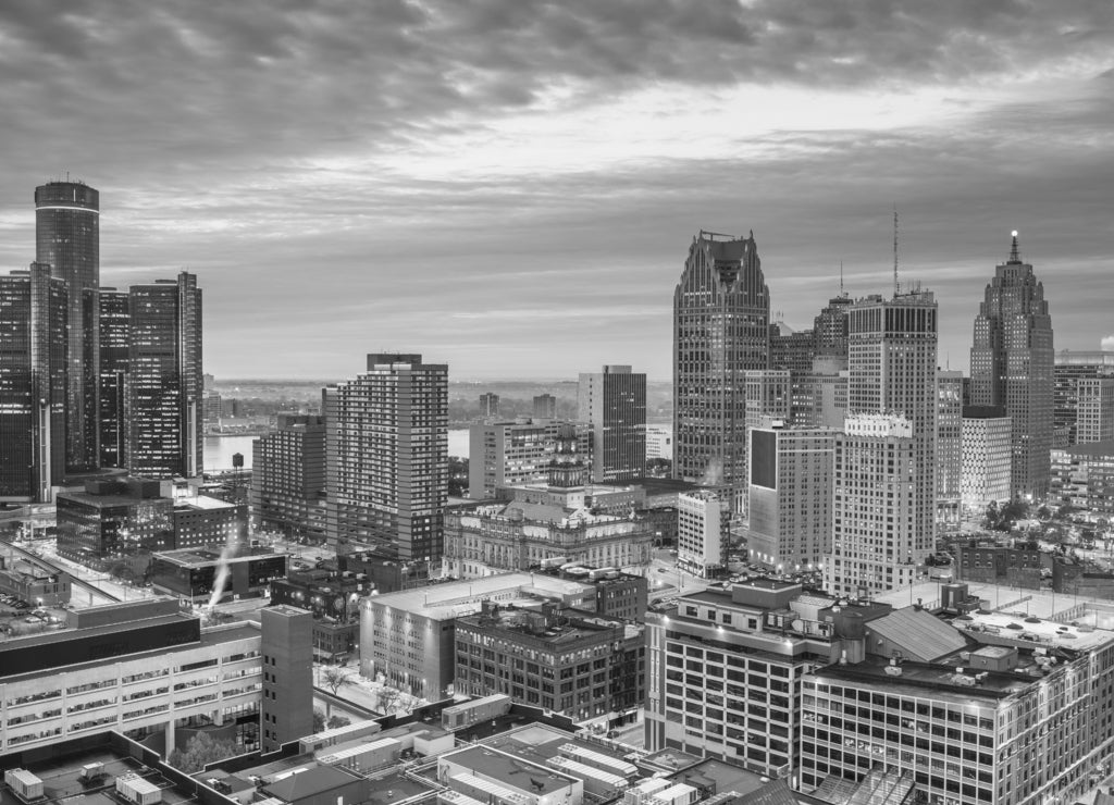 Detroit, Michigan, USA downtown skyline in black white