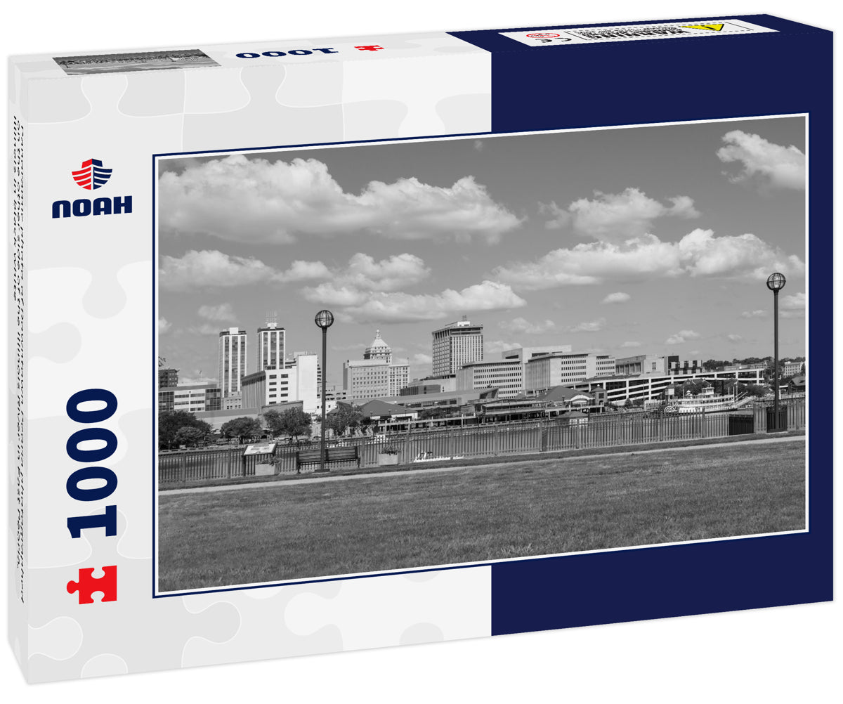 Panoramic photo of Downtown Peoria photographed on the other side of the Illinois River in East Peoria, Illinois in black white