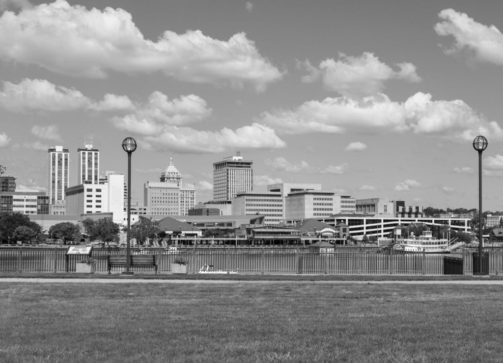 Panoramic photo of Downtown Peoria photographed on the other side of the Illinois River in East Peoria, Illinois in black white
