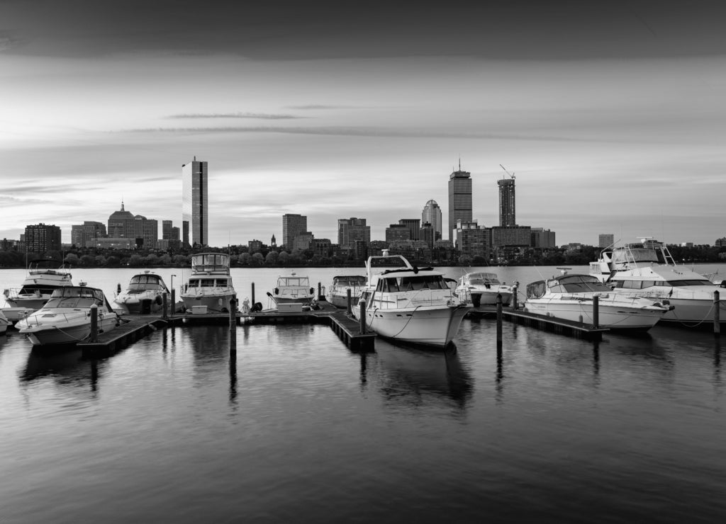 Boston city sunrise at charles river, Boston Massachusetts in black white