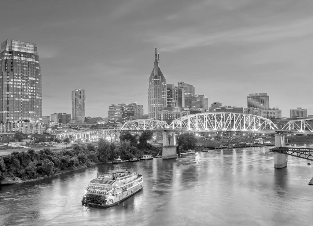 Nashville, Tennessee downtown skyline at twilight in black white