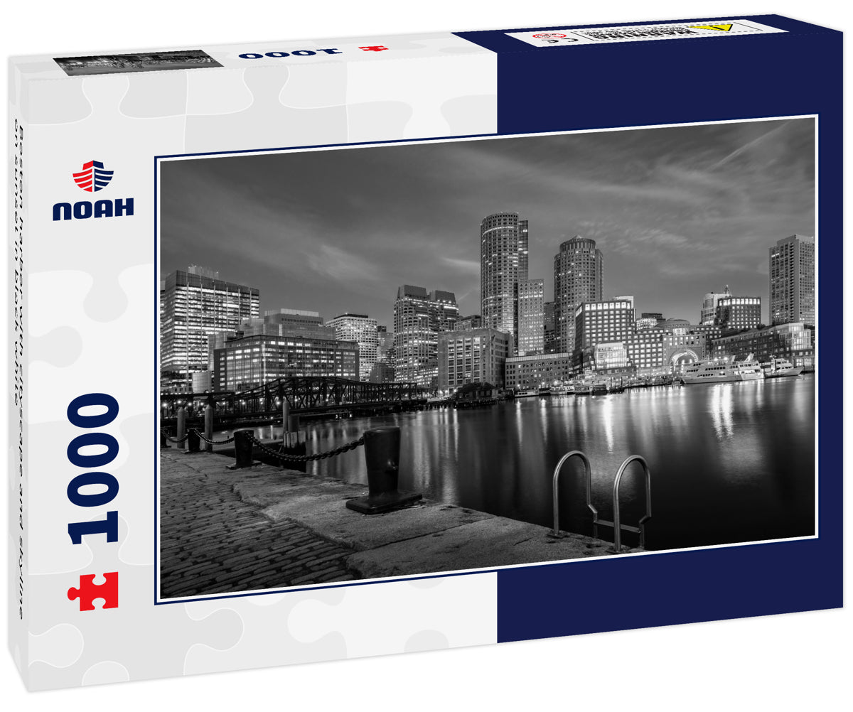 Boston harbor with cityscape and skyline on sunset in black white