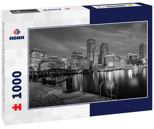 Boston harbor with cityscape and skyline on sunset in black white