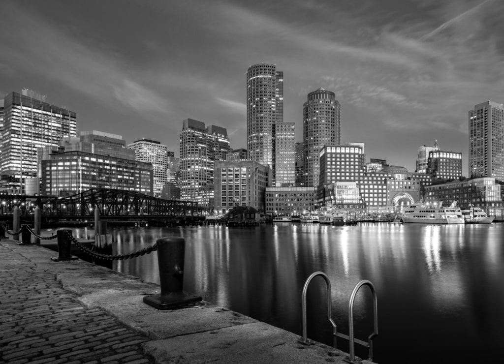 Boston harbor with cityscape and skyline on sunset in black white