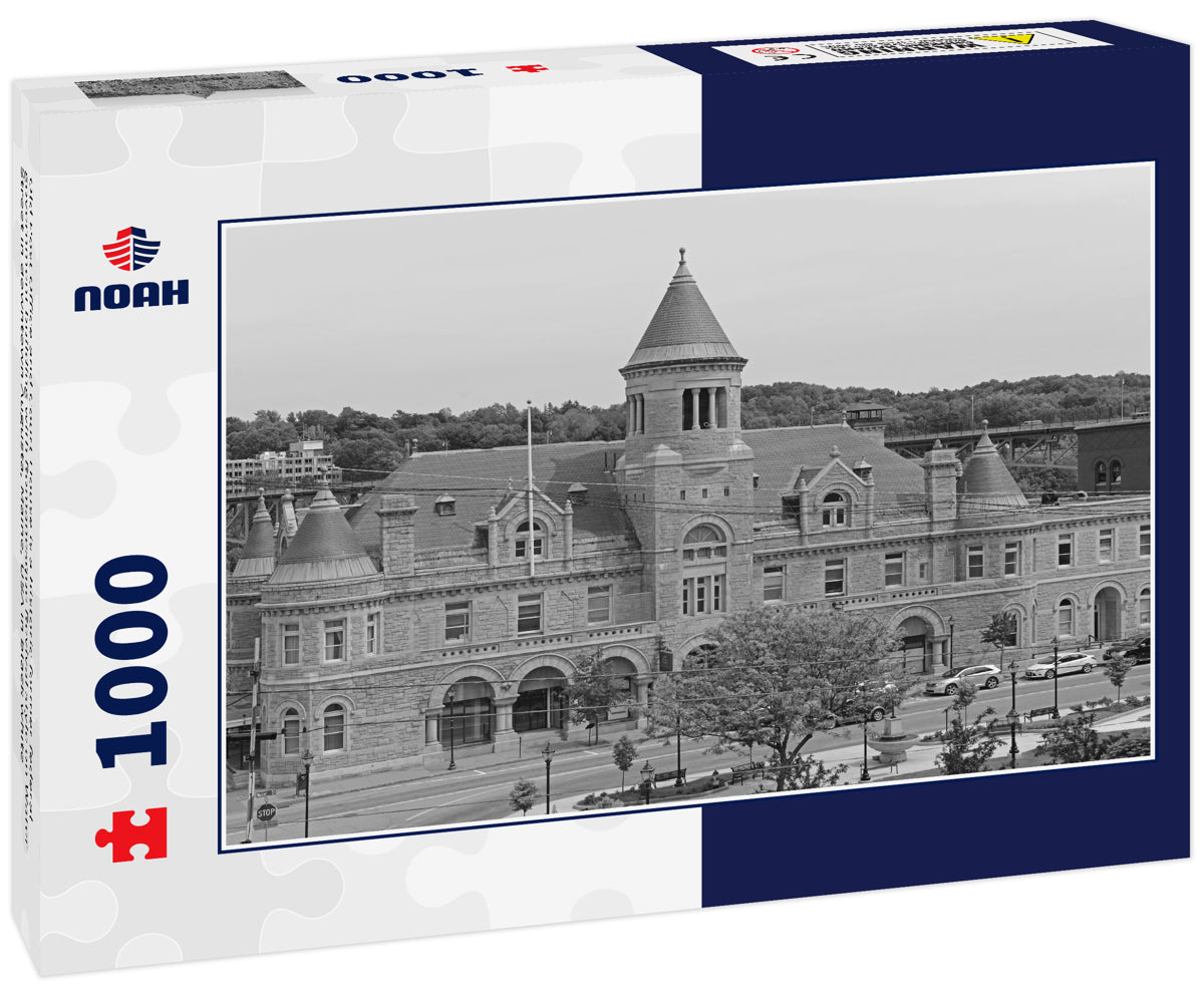 Old Post Office and Court House is a historic former federal government building with Romanesque Revival style on Water Street in downtown Augusta, Maine, USA in black white
