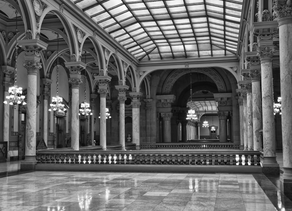 Indiana state house, built in 1888 in black white