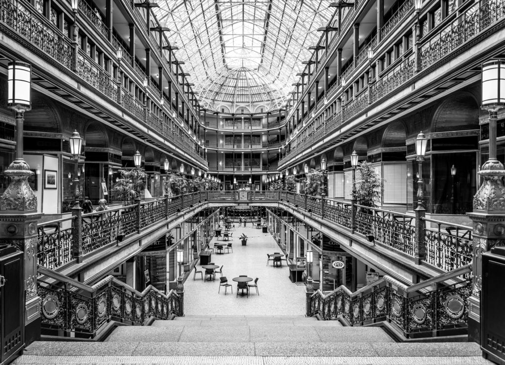 Arcade in Cleveland Ohio in black white