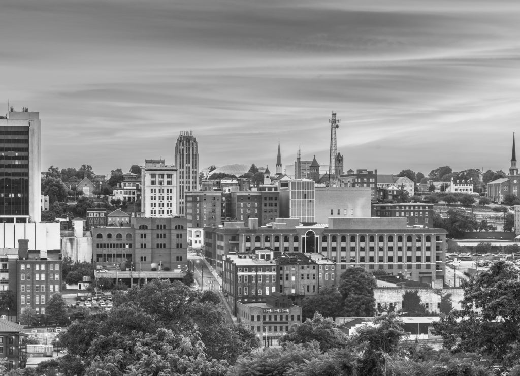 Lynchburg, Virginia, USA downtown city skyline in black white