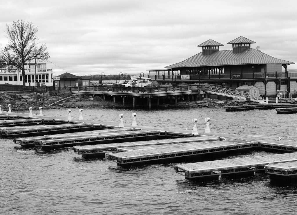 Marina scene in Burlington, Vermont in black white