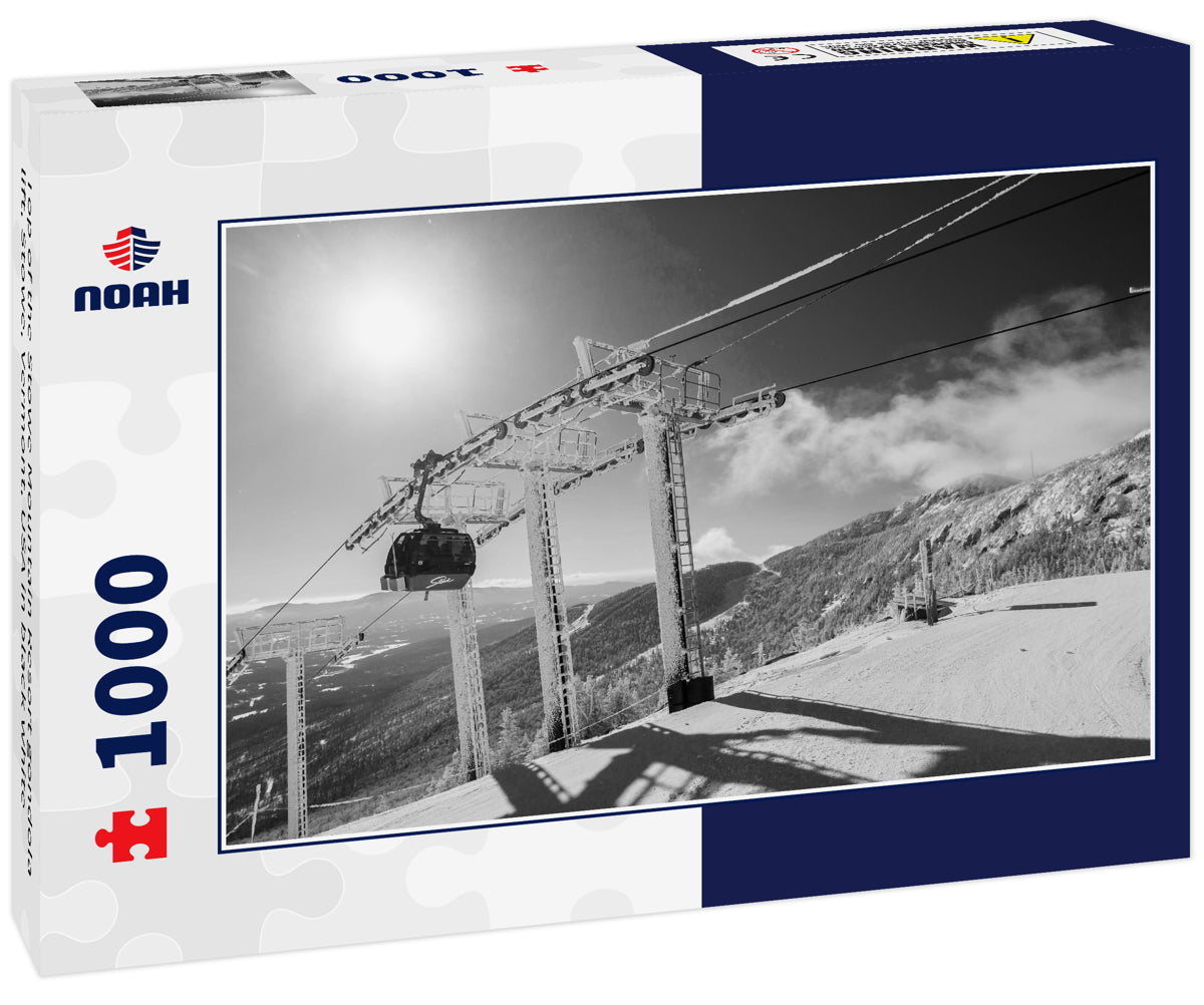 Top of the Stowe Mountain Resort gondola lift, Stowe, Vermont, USA in black white
