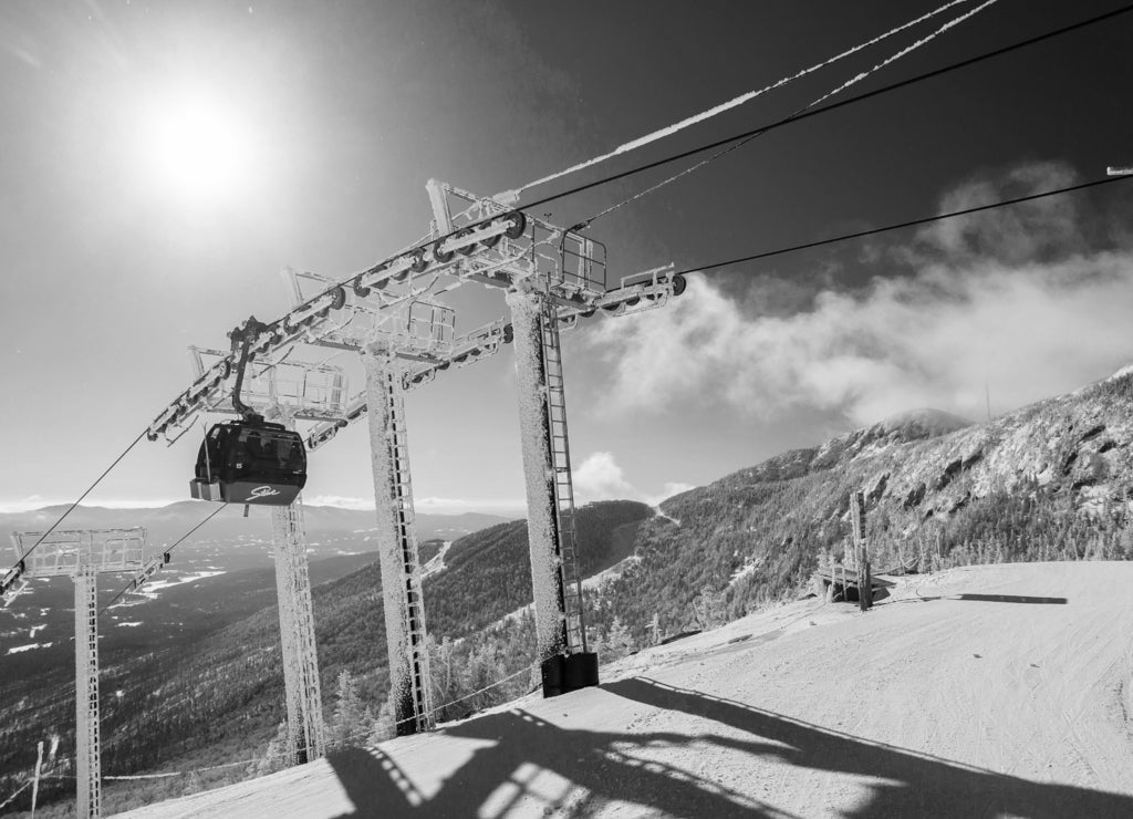 Top of the Stowe Mountain Resort gondola lift, Stowe, Vermont, USA in black white