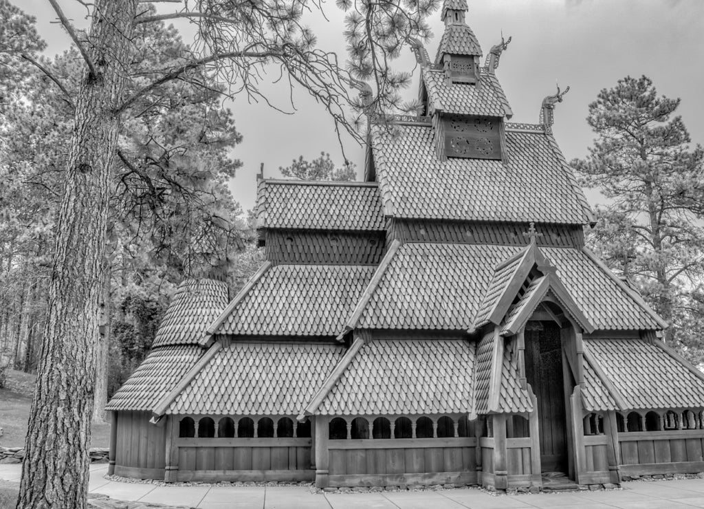 Historic Chapel In the Hills in Rapid City, South Dakota in black white