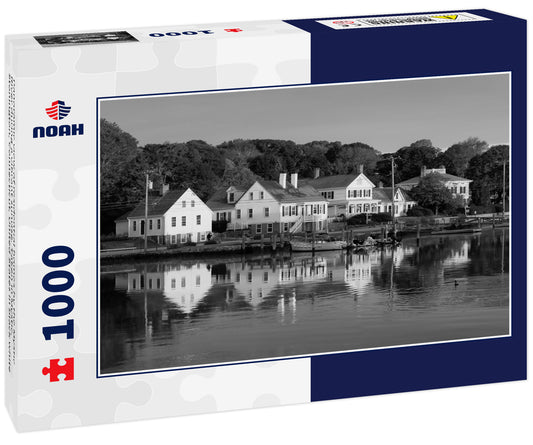 Panoramic view of residential homes by the Mystic River during a vibrant sunrise. Taken in Mystic, Stonington, Connecticut, United States in black white