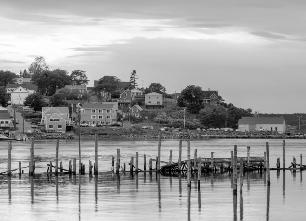 Center of Lubec, Maine and Lubec Narrows, viewed from Canadian side on Campobello island in black white