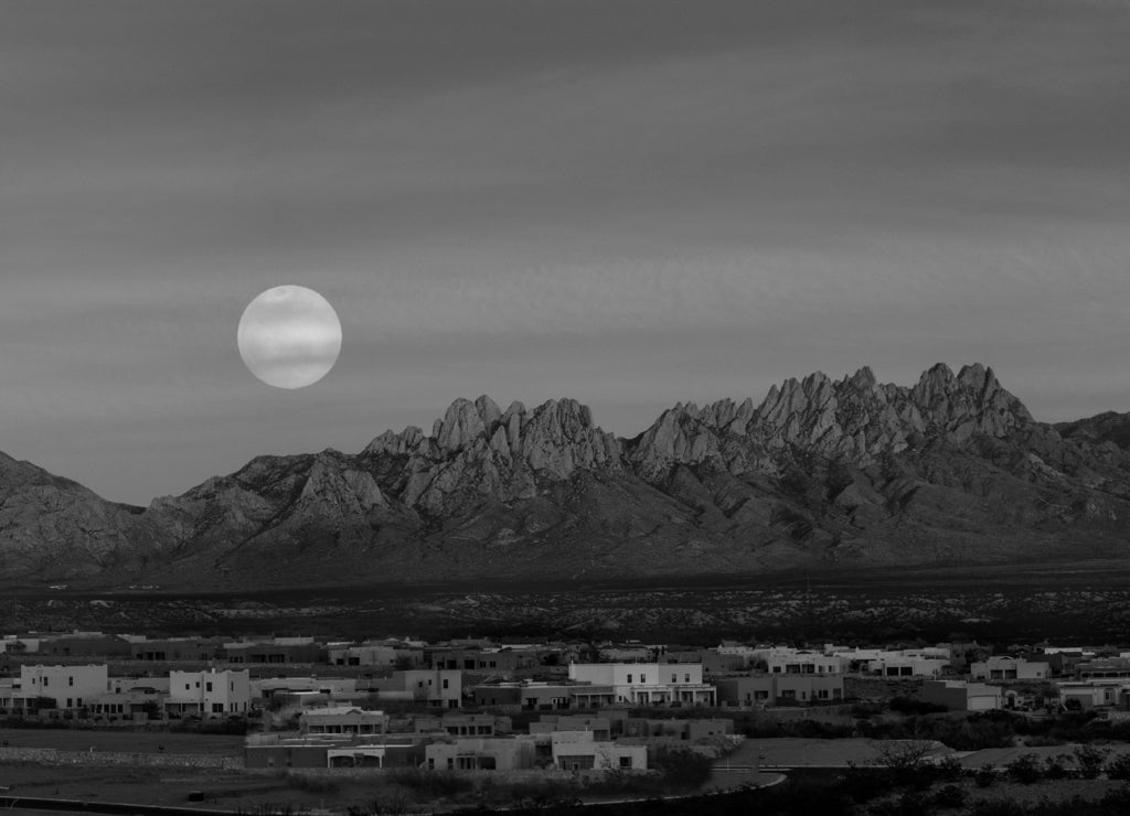 Full Moon, Organs, and Adobes, New Mexico in black white