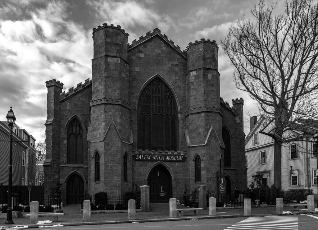 Salem Witch Museum, gothic styled, New England church type building, Salem Massachusetts in black white