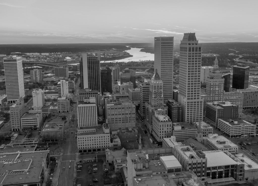 Aerial Tulsa Sunset, Oklahoma in black white