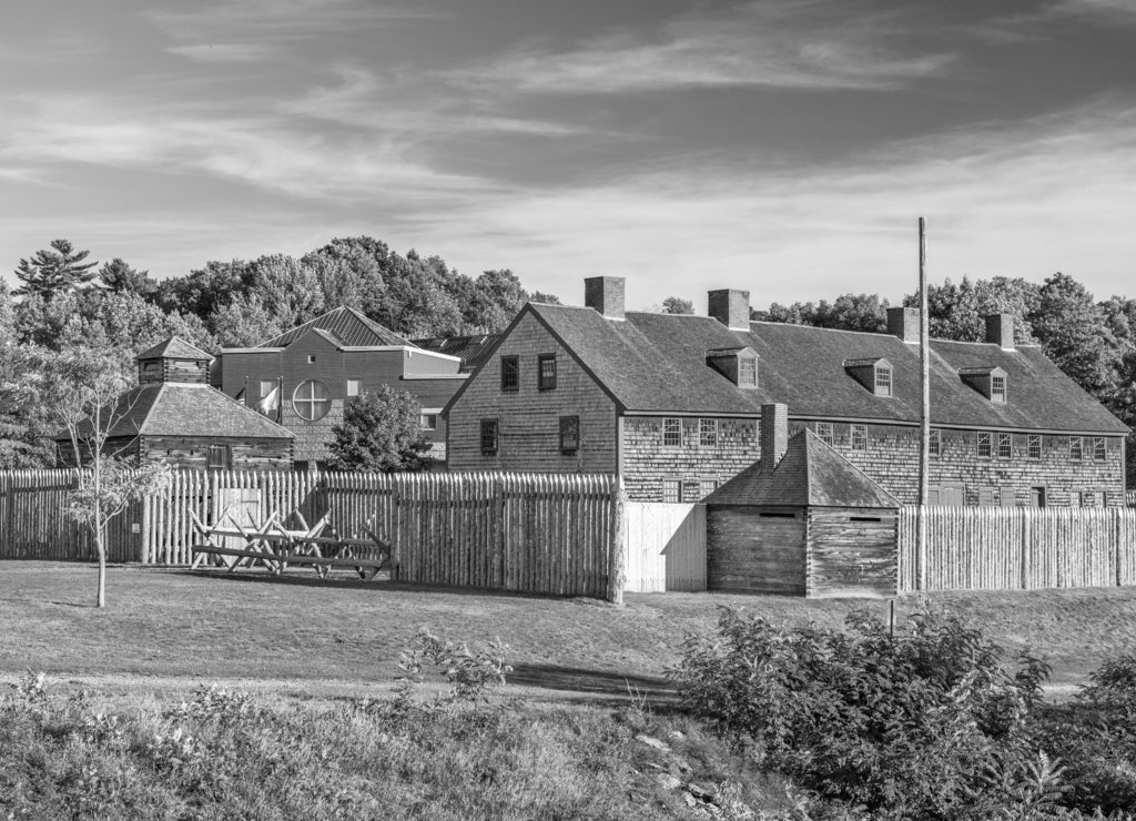 Augusta, Maine, USA old fort in black white