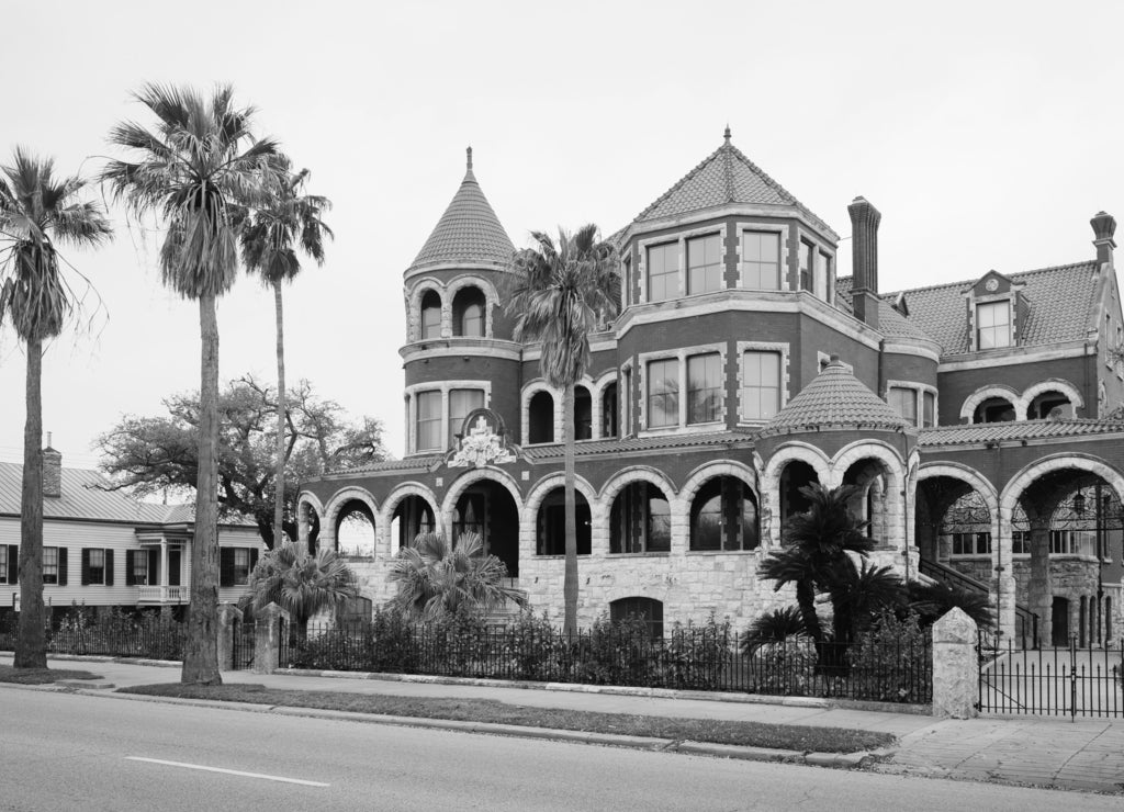 The Moody Mansion, in Galveston, Texas in black white