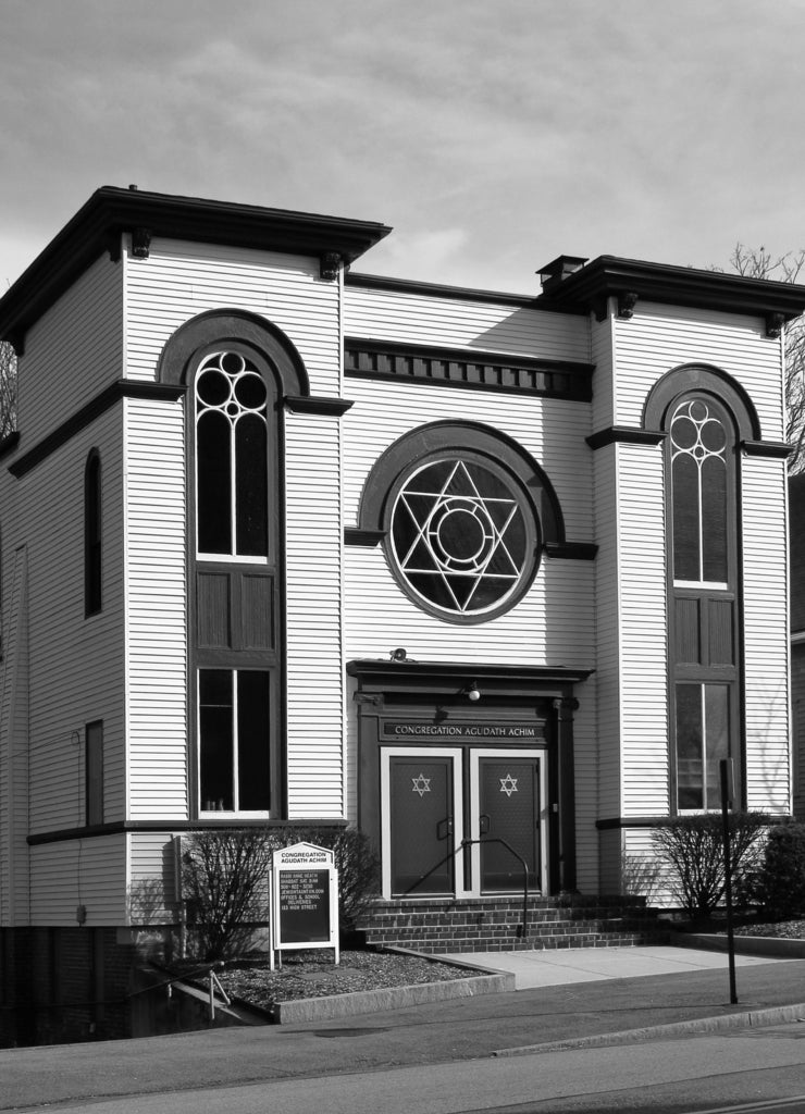 Historical synagogue in Taunton, Massachusetts, USA. Congregation Agudath Achim and the Jewish Community House in black white