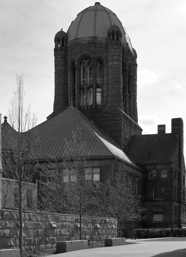 The Bristol County Courthouse in Taunton, Massachusetts, a formidable building in black white