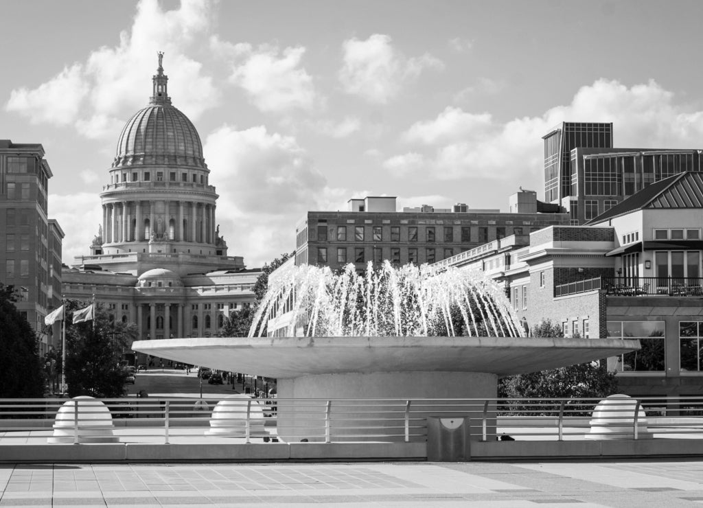 Downtown Madison Wisconsin buildings with Capitol of Wisconsin in black white