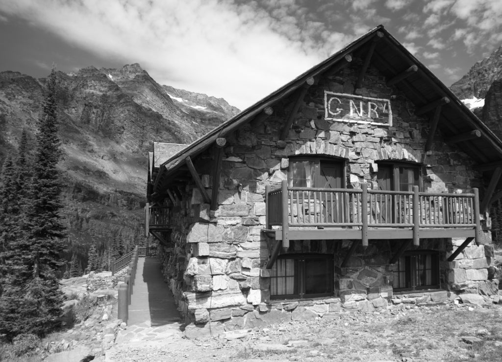 Sperry Chalet built by the Great Northern Railway in Glacier National Park, Montana in black white