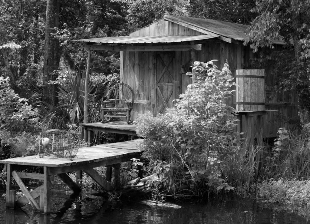 Huts in Poverty Point, Crown Point, La Lafitte, Louisana, USA in black white