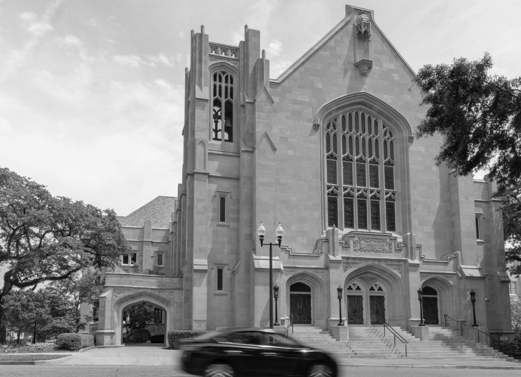 Jackson, Mississippi / USA: First Baptist Church of Jackson, Mississippi original chapel in black white