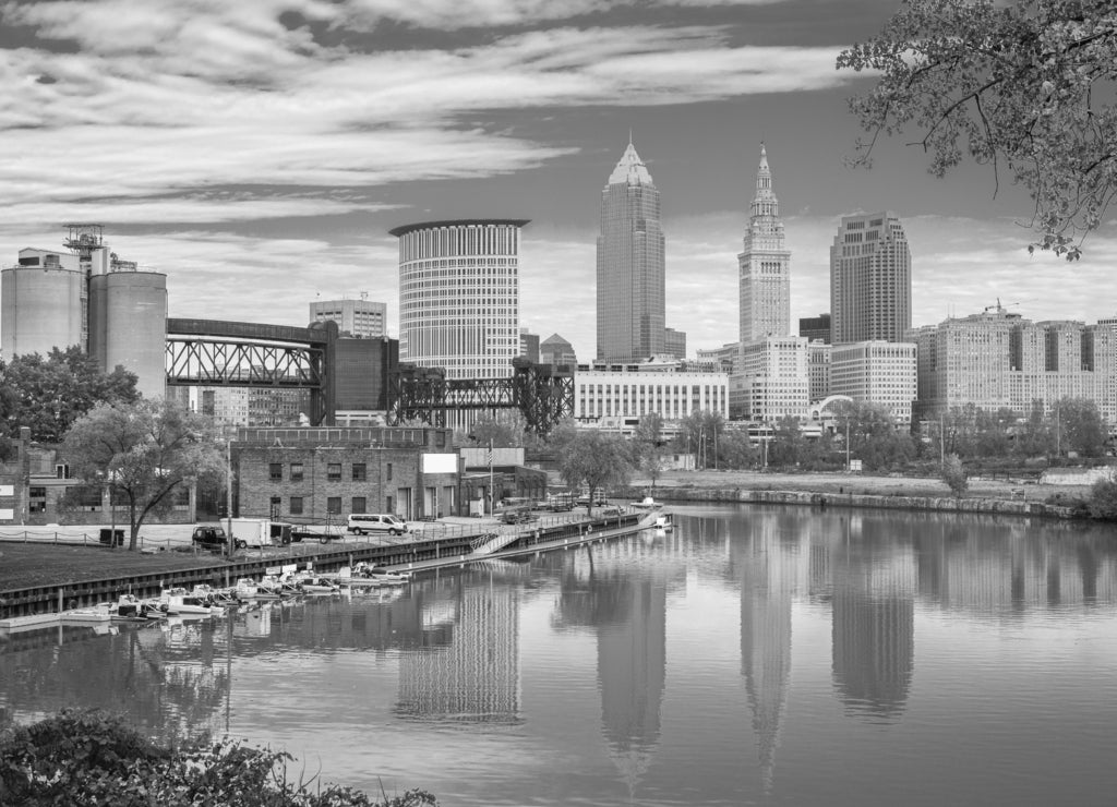 Cleveland Ohio skyline on the Cuyahoga River in black white