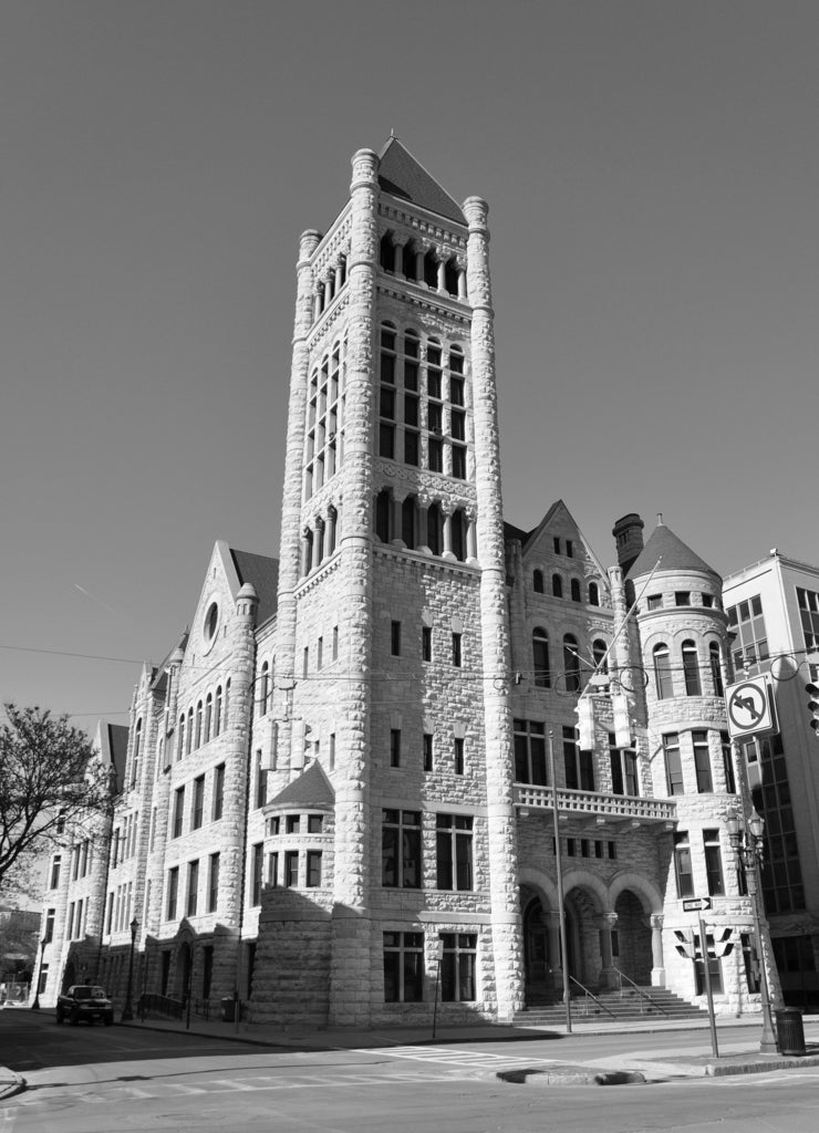 The Cathedral of the Immaculate Conception on Columbus Circle in downtown Syracuse, New York State, USA in black white