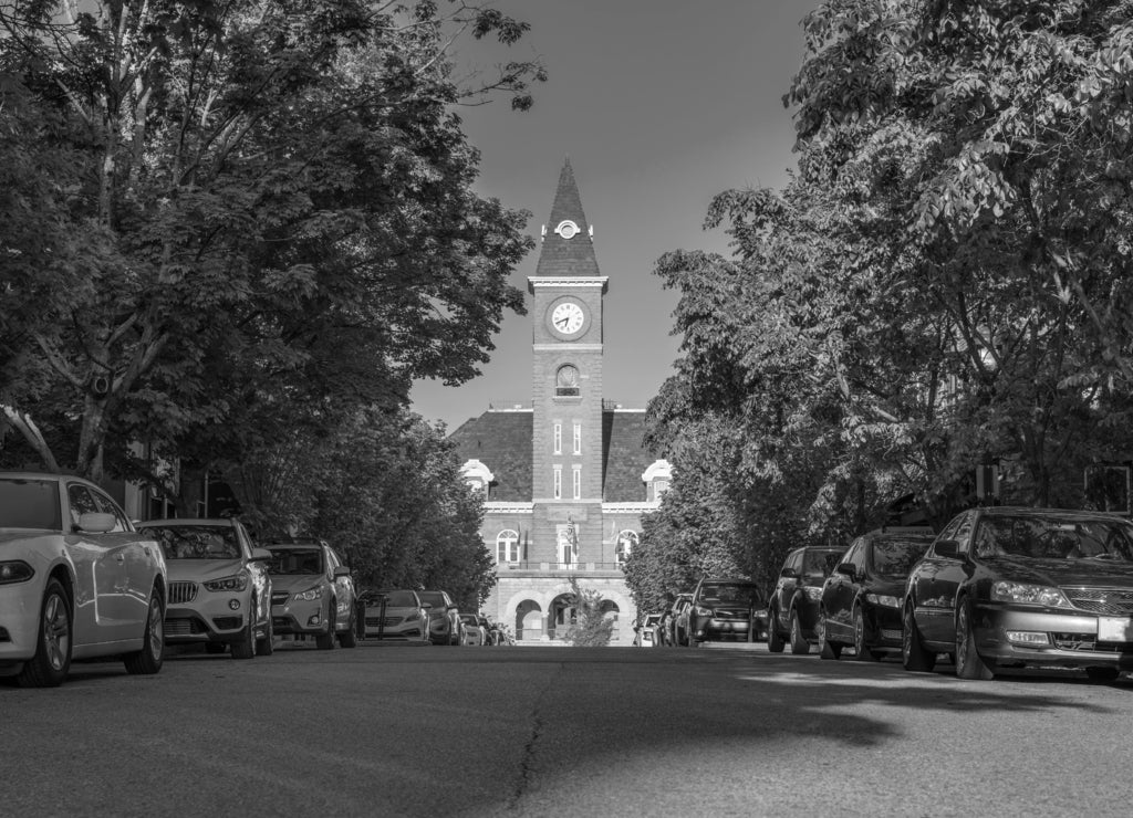 Historic Washington County Courthouse building in Fayetteville Arkansas in black white