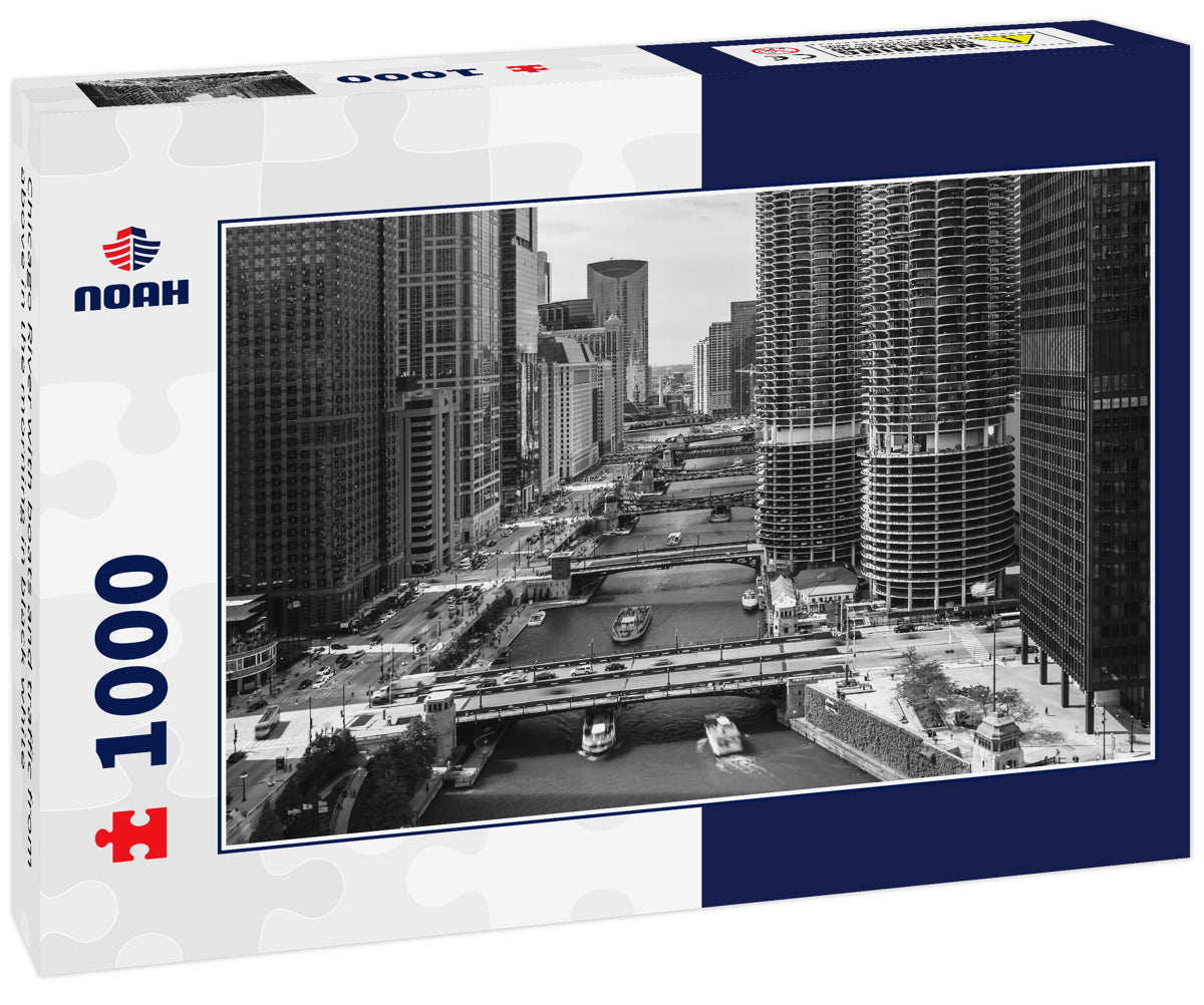 Chicago River with boats and traffic from above in the morning in black white