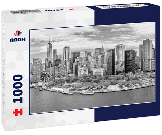 Aerial panorama of Downtown New York skyline viewed from above Upper Bay in black white