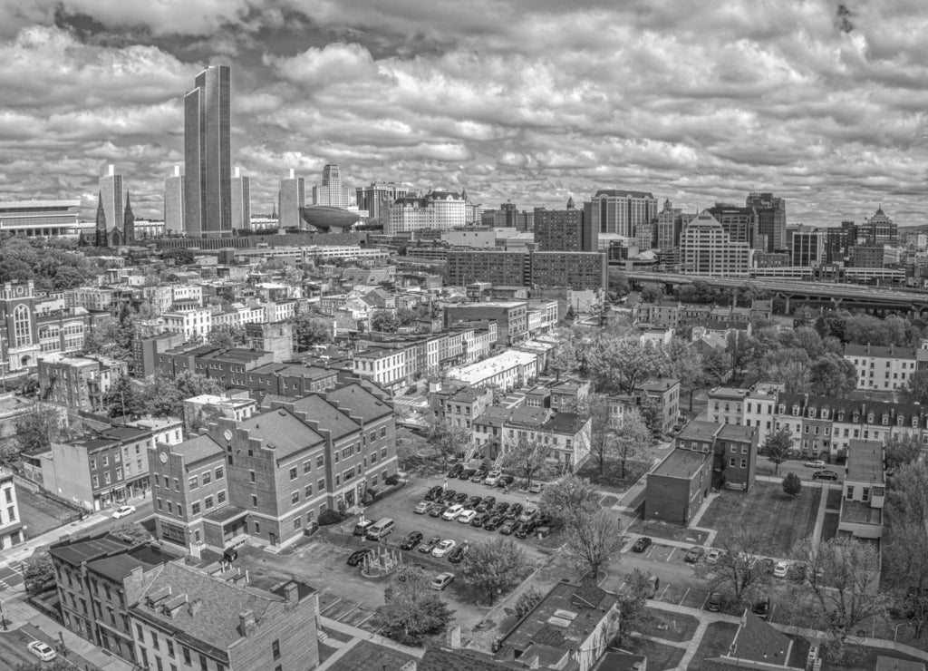 Aerial View of the City Albany, Capitol of the State of New York in black white