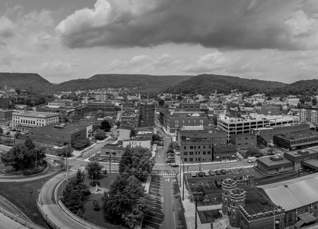 Aerial view of Cumberland Maryland in Allegany County along the Potomac river in black white