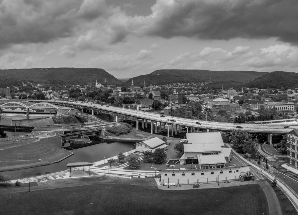 Aerial view of Cumberland Maryland in Allegany County along the Potomac river in black white